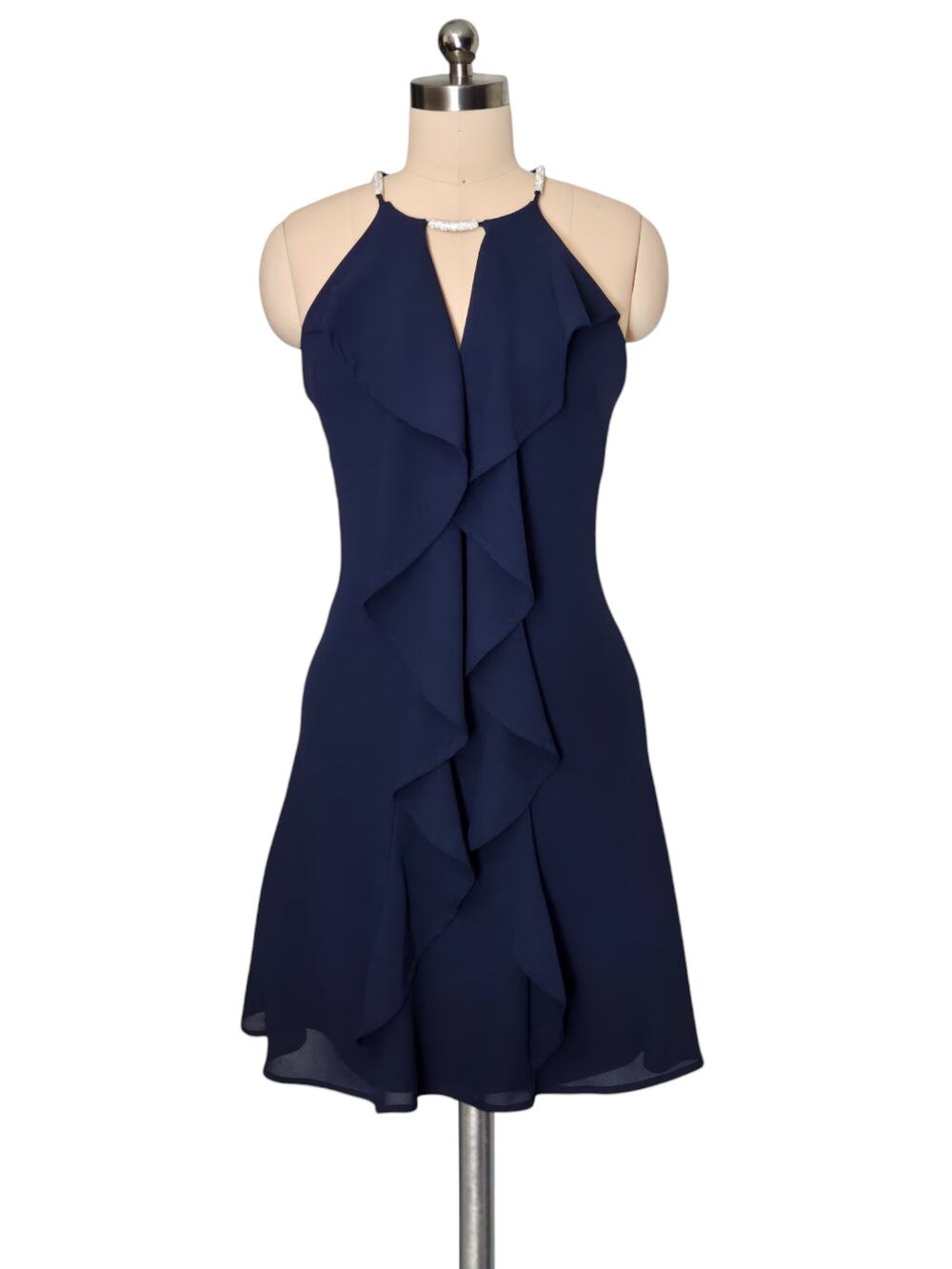 VENUS Navy Ruffled Front White Rhinestone Bead Detail Party Event Dress  2